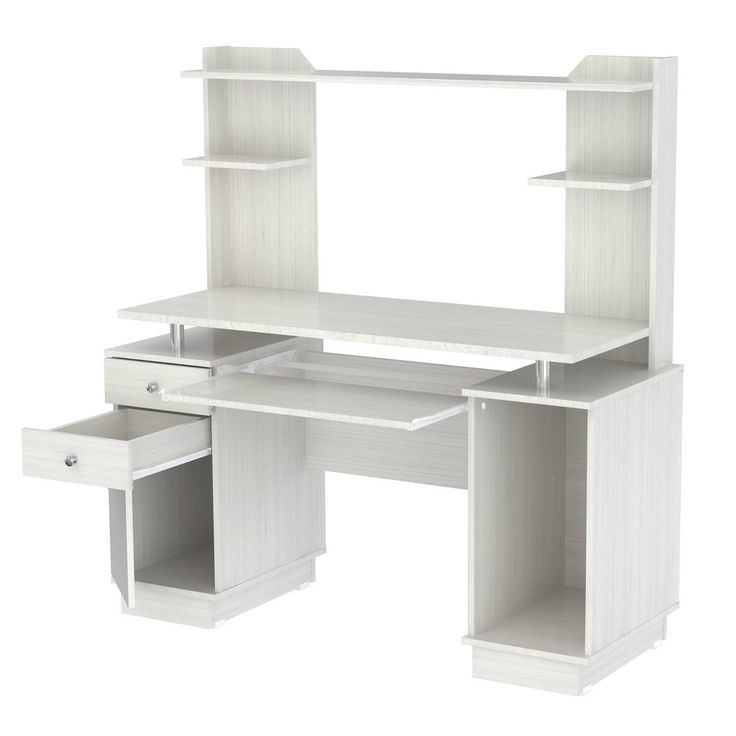 a white desk with shelves and drawers on it's sides, in front of a white background