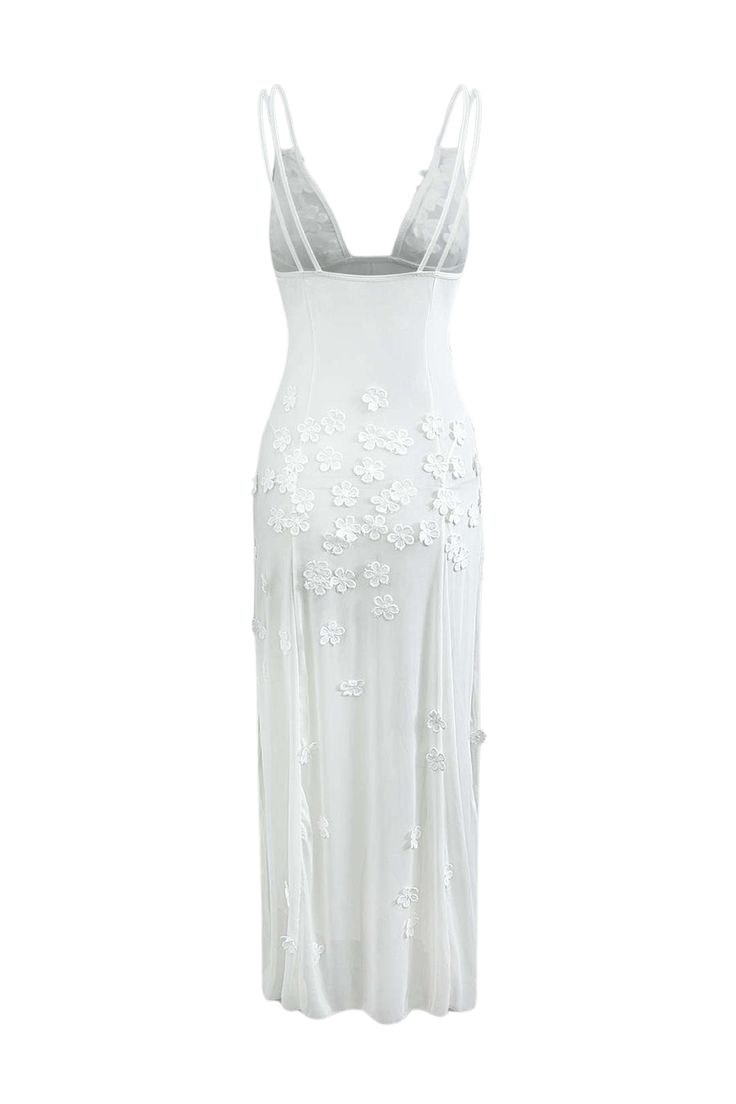 Experience elegance and allure with our Lace Sheer Floral Flower Sexy Maxi Dress! The slight stretch allows for effortless movement while the V-neck and backless design add a touch of sophistication. The slim sheath silhouette is accentuated by the delicate floral lace and flowing chiffon material. Perfect for any special occasion, this dress will make you feel confident and beautiful. White Fitted V-neck Backless Dress, Fitted White Dress With Low Back, White Fitted Dress With Low Back, Fitted Maxi Dress With Sheer Back For Spring, Elegant Summer Bodycon Dress With Low Back, White Fitted Backless Dress With Sweetheart Neckline, Elegant V-neck Maxi Dress With Lace Back, Elegant Backless Bodycon Dress For Beach, Elegant Bodycon Backless Beach Dress