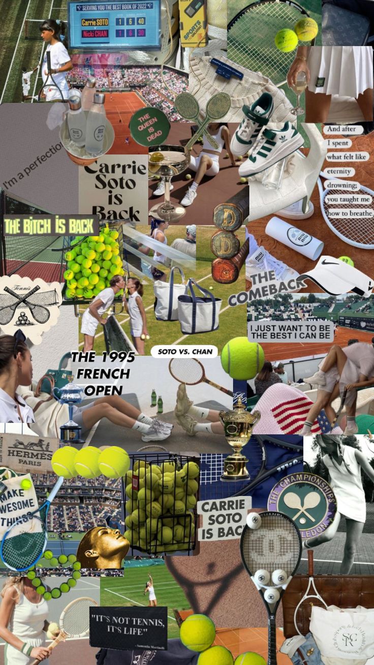 a collage of tennis related items including rackets, balls, and other things