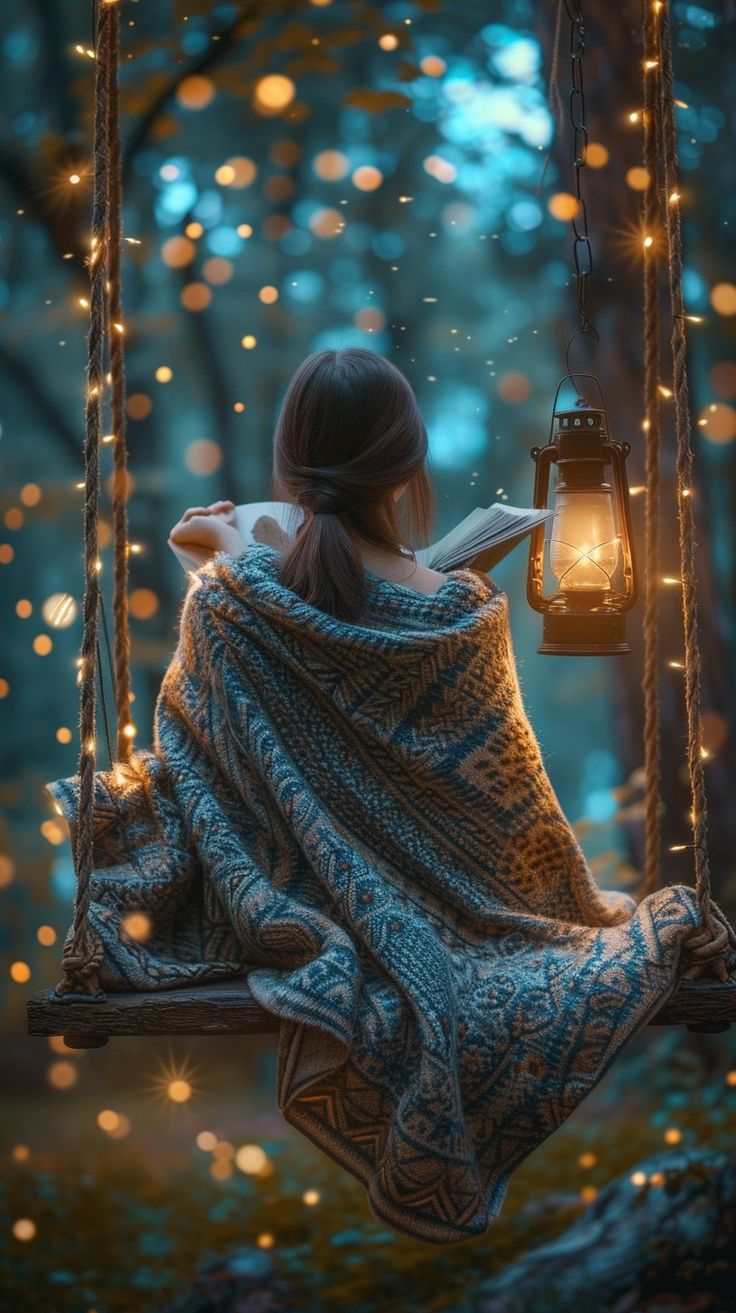 Enchanted Evening Reading: A serene escape into a book amidst a magical forest setting, illuminated by a warm lantern glow. #reading #forest #lantern #evening #tranquility #blanket #swing #book #aiart #aiphoto #stockcake https://ayr.app/l/4k6J Enchanted Evening, Food Photoshoot, Mystical Forest, Magical Forest, Twinkle Lights, Lantern Lights, Enchanted, Royalty Free Images, High Quality Images