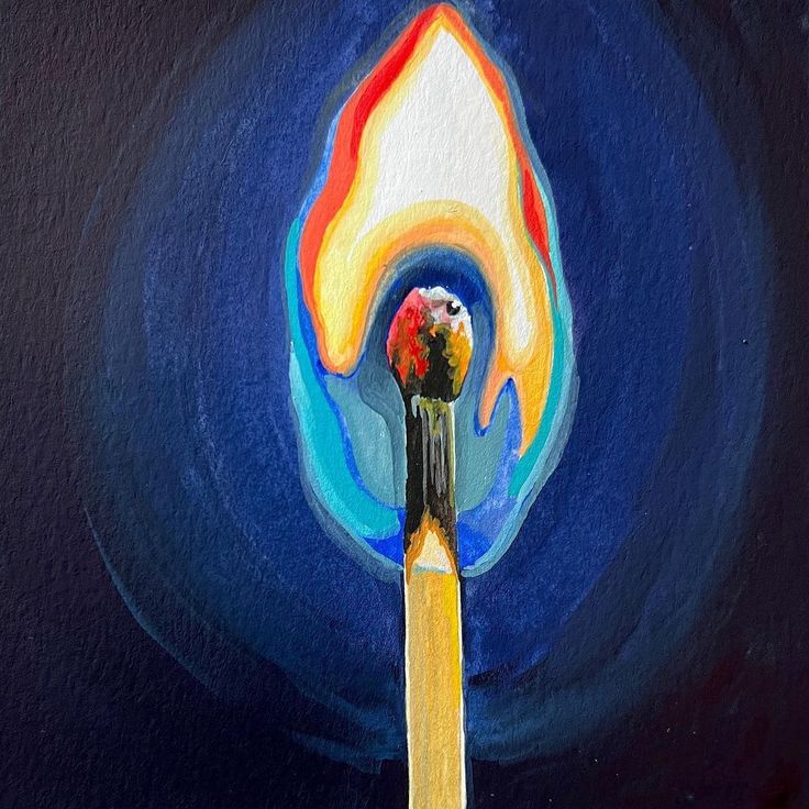 a painting of a matchstick with a lit match on it's tip and flames coming out of the top