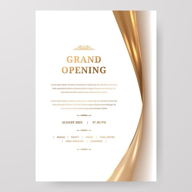 an elegant grand opening poster with gold foil on the corner and a white back ground