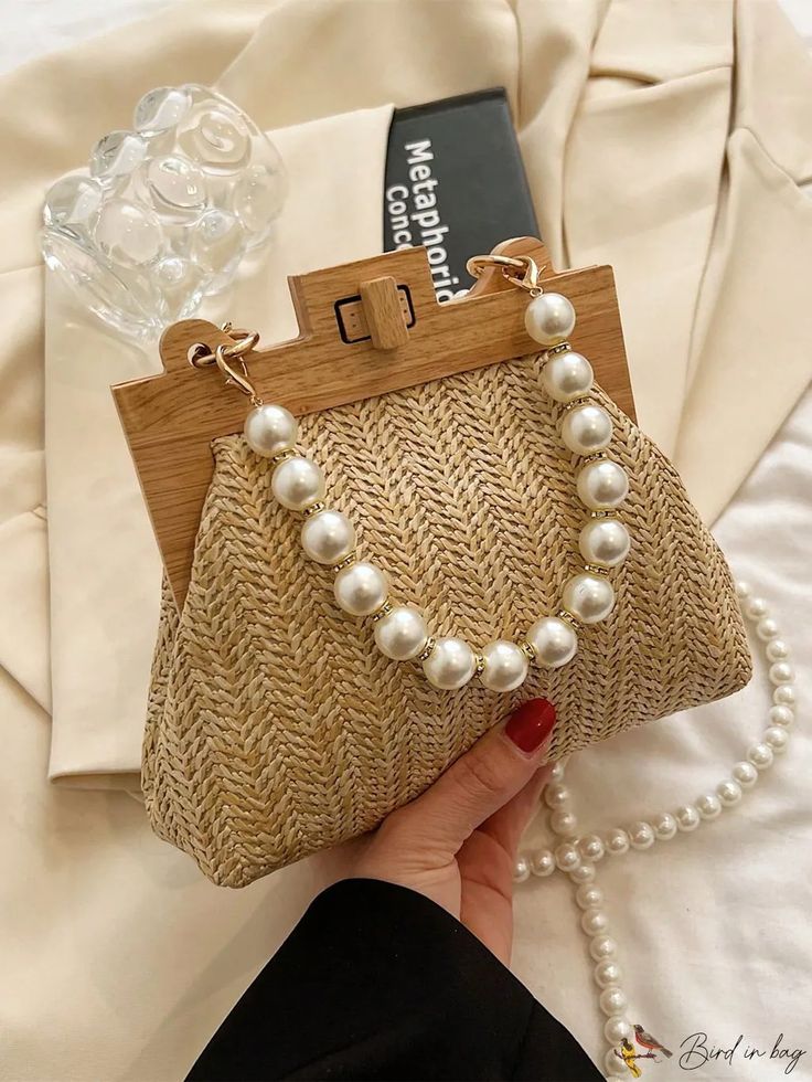 BirdinBag - Stylish Mini Straw Bag with Faux Pearl Twist Lock - Ideal for Summer Travel Rectangular Bags With Pearl Handle For Daily Use, Tote Bags With Pearl Handle, Daily Use Tote Bag With Pearl Handle, Rectangular Travel Bags With Pearl Handle, Rectangular Travel Bag With Pearl Handle, Trendy Beige Bag With Pearl Handle, Everyday Tote Bag With Pearl Handle, Daily Pearl Handle Satchel Shoulder Bag, Daily Use Pearl Handle Satchel Shoulder Bag