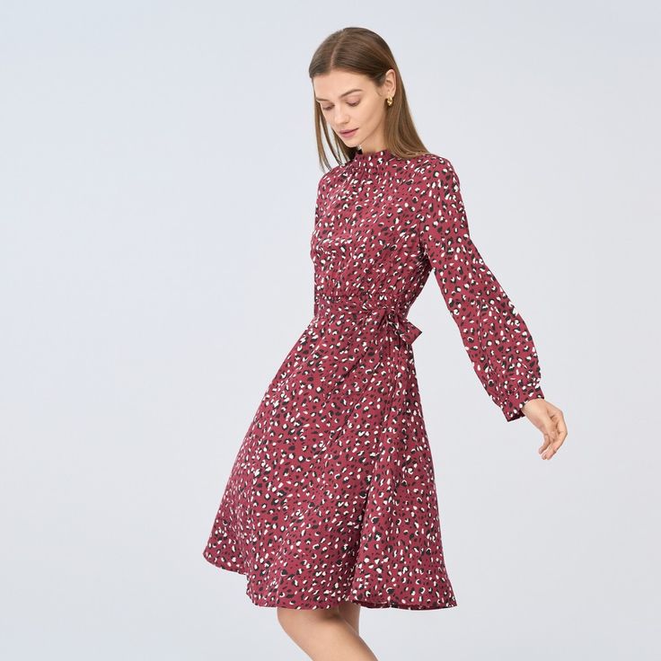 Elevate your next date night look with this woven midi dress featuring a speckled print, high neckline, self-tie sash belt, long sleeves, and an A-line silhouette. Step into this dress and embrace its versatile charm, perfect for any occasion where you want to radiate elegance and confidence. Product Code: CAA05A2J035AH/CAA05A2J035JZ/CAA05A2J035RZ/CAA05A2J035MR Model Wearing Size: S Height: 5' 7'' in / 170 cm Bust: 30.7 in / 78 cm Waist: 24.4 in / 62 cm Hips: 36.22 in / 92 cm Chic Knee-length Belted Dress For Fall, Fall Belted Dress For Date Night, Fall Date Night Belted Dress, Fall Midi-length Belted Dress, Belted Midi Dress For Date Night, Spring Midi Dress With Tie Waist For Date Night, Long Sleeve Belted Dress For Date Night In Fall, Chic Fall Midi Dress With Tie Waist, Belted Knee-length Midi Dress For Brunch