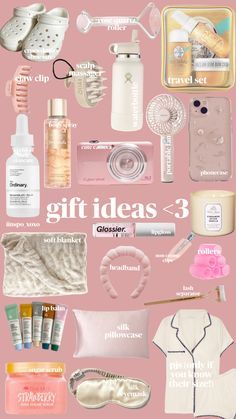 a pink poster with various items on it and the words gift ideas in white letters