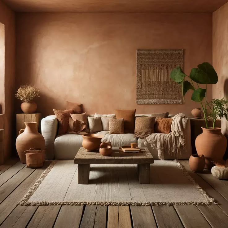 a living room filled with lots of furniture and vases on top of a wooden floor