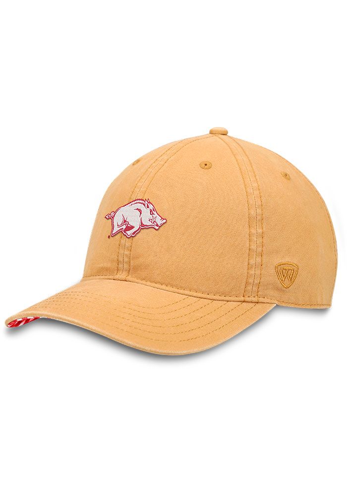 a baseball cap with an embroidered pig on the front and side panel, in yellow