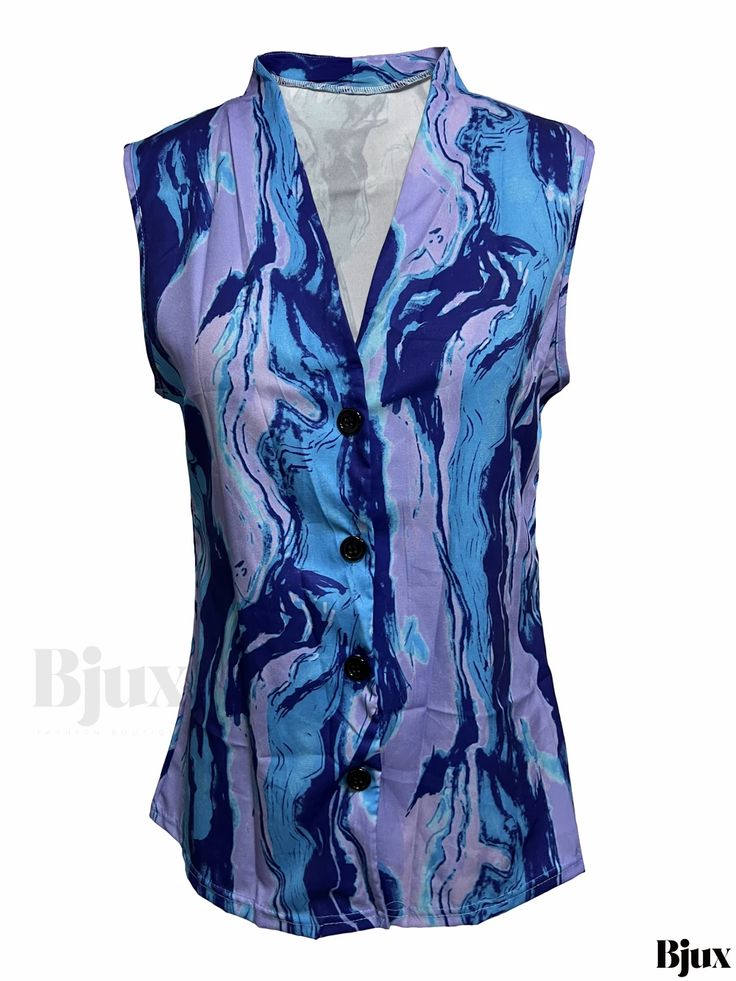 Bjux - Womens Summer Graphic Print V Neck Sleeveless Tank Top: Trendy and Versatile Casual Wear Trendy Sleeveless Blue Vest, Trendy Blue Sleeveless Vest, Beach Stretch V-neck Vest, Stretch V-neck Vest For Beach, Beach V-neck Stretch Vest, Blue Printed Sleeveless Top, Trendy Sleeveless Printed Blouse, Trendy Sleeveless Blouse For The Beach, Trendy Blue Sleeveless Blouse