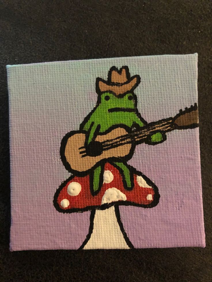 a painting of a frog with a guitar on top of a mushroom