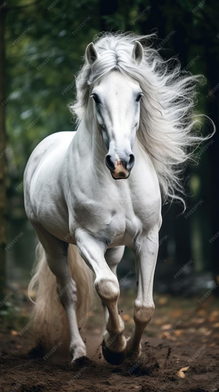 a white horse with long hair running through the woods on a dirt path in front of trees