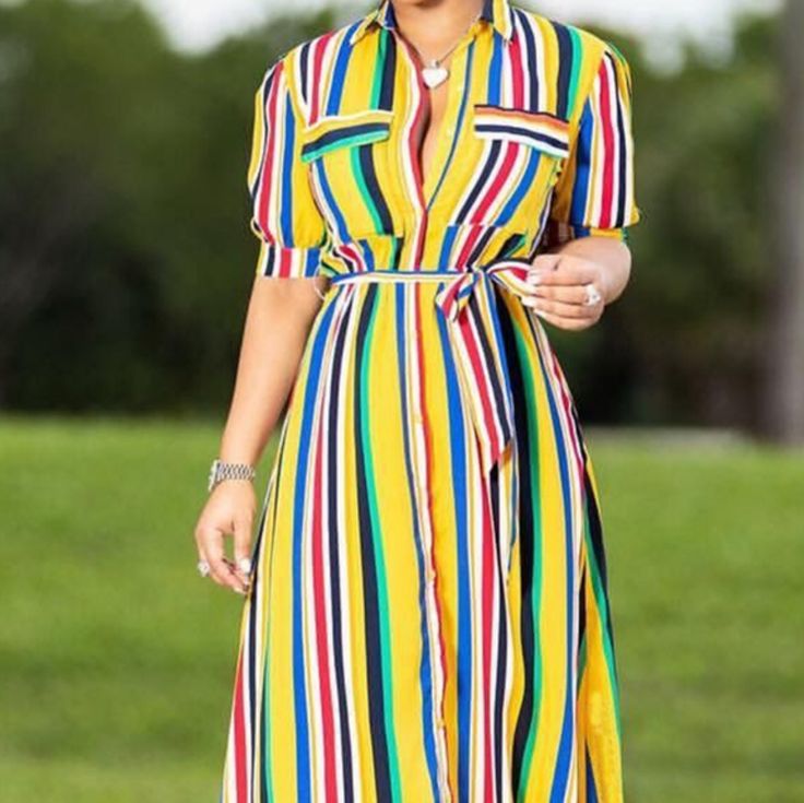 Yellow Stripped Long Dress Size S Striped Shirt Dress For Summer Day Out, Casual Multicolor Striped Dresses, Casual Multicolor Vertical Stripe Dresses, Casual Multicolor Dresses With Vertical Stripes, Casual Multicolor Dress With Vertical Stripes, Striped Shirt Dress For Summer, Striped Fitted V-neck Shirt Dress, Striped Short Sleeve Dresses For Spring, Spring Dresses With Vertical Stripes In Multicolor