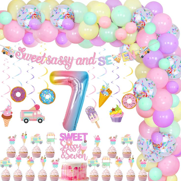 an assortment of balloons, cupcakes, and other items for a sweet seven birthday party