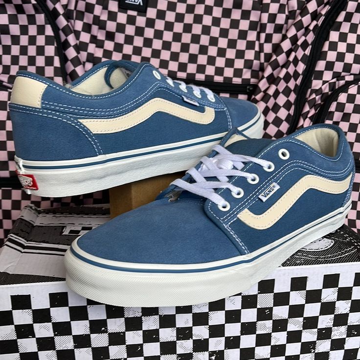 New In The Box Authentic Women’s Vans Chukka Low Sid Cream/Light Navy Vn0a5kqzefy Sneakers Vans Chukka Low, Vans Blue, Shoes Vans, Womens Vans, Vans Shoes, The Box, Womens Shoes Sneakers, Blue White, Shoe Boots