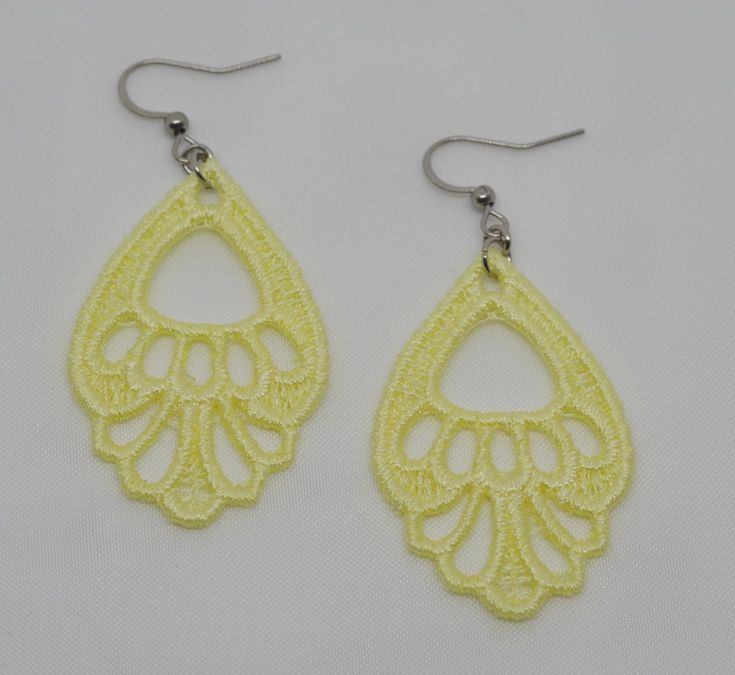 Lace  earrings are light weight and comfort to wear, cute & lovely for any outfit or just for brighten up your day. They can be a wonderful gift for yourself or a friend! Lace chandelier  earrings are available in about  and 5.00cm (1.97 inches) without hooks and are attached to hypoallergenic surgical steel hooks.   MATERIALS: ☑ Surgical Steel hooks and Rubber Backs.  ☑ 100% polyester Each piece that you will find in the collection is made one at a time, with carefully selected materials, and m Yellow Chandelier Earrings, Elegant Chandelier Drop Earrings For Summer, Elegant Summer Flower Earrings As Gift, Elegant Summer Flower Earrings For Gift, Elegant Summer Gift Flower Earrings, Summer Wedding Dangle Flower Earrings, Elegant Summer Dangle Hoop Earrings, Elegant Hoop Earrings For Summer Wedding, Elegant Summer Chandelier Dangle Earrings