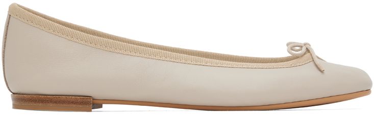 Nappa calfskin ballerina flats in beige. · Bow accent at vamp · Grosgrain trim at collar · Cotton twill lining · Stacked leather heel with rubber injection · Leather stitch-and-return sole Supplier color: Sand Classic Beige Slip-on Ballet Flats, Beige Slip-on Ballet Flats For Work, Beige Closed Toe Ballet Flats For Work, Beige Almond Toe Ballet Flats For Work, Formal Beige Ballet Flats With Leather Sole, Beige Closed Toe Ballet Flats For Office, Cream Ballet Flats With Leather Sole, Classic Cream Pointed Toe Ballet Flats, Chic Beige Ballet Flats With Leather Sole