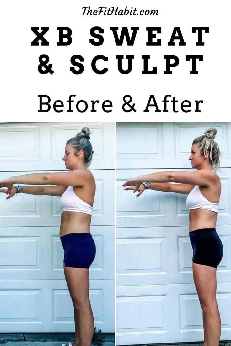 a woman standing in front of a garage door with the words xb sweat and sculpt before and after