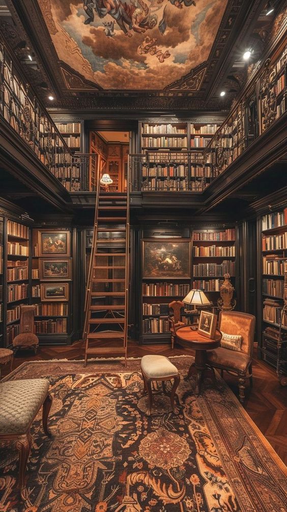 a room with many bookshelves and a ladder leading up to the top floor