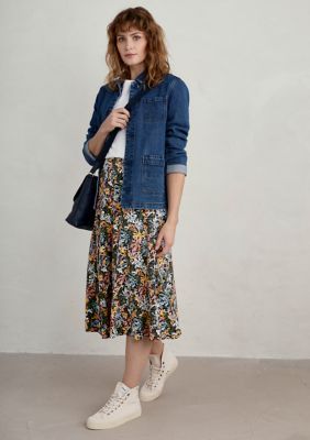 Printed with pretty floral patterns, this stylish skirt from Seasalt Cornwall is crafted from a soft cotton jersey and finished with an elastic waistband for extra comfort. | Seasalt Cornwall Women's Orchard Printed Jersey Skirt, 6 Casual Floral Print Tiered Skirt Bottoms, Casual Tiered Skirt Bottoms With Floral Print, Casual Floral Print Skirt For Work, Casual Tiered Workwear Skirt, Casual Tiered Skirt For Workwear, Casual Floral Print Midi Skirt, Casual Floral Print Skirt For Day Out, Casual Midi Skirt With Floral Print, Swimwear Suits