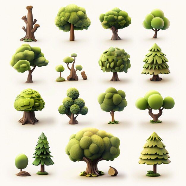 various trees and bushes are shown in this set, all different colors with the same shape