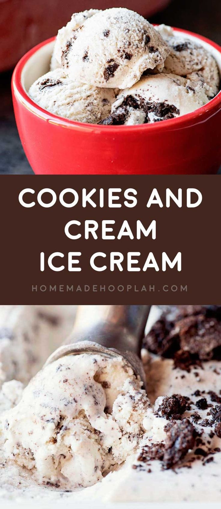 cookies and cream ice cream in a red bowl with chocolate chips on the rim, and an image of two scoops of ice cream