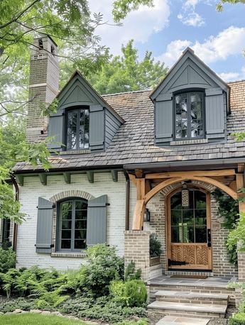 a brick house with gray shutters and stone steps leading up to the front door