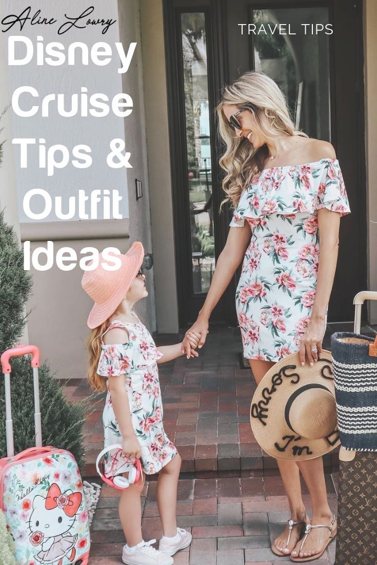 a woman and her daughter holding hands while standing in front of their suitcases with the words disney cruise tips & outfit ideas