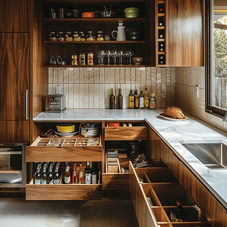 a kitchen with wooden cabinets and drawers filled with spices, condiments and other items