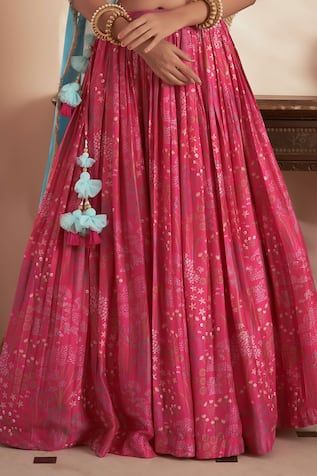 Pink attached cancan lehenga with floral prints. Comes with matching padded blouse and contrast blue embroidered, fringed border dupatta. - Aza Fashions Pleated Lehenga, Cancan Lehenga, Lehenga Pattern, Padded Blouse, Floral Type, Set For Women, Floral Printed, Aza Fashion, Lehenga