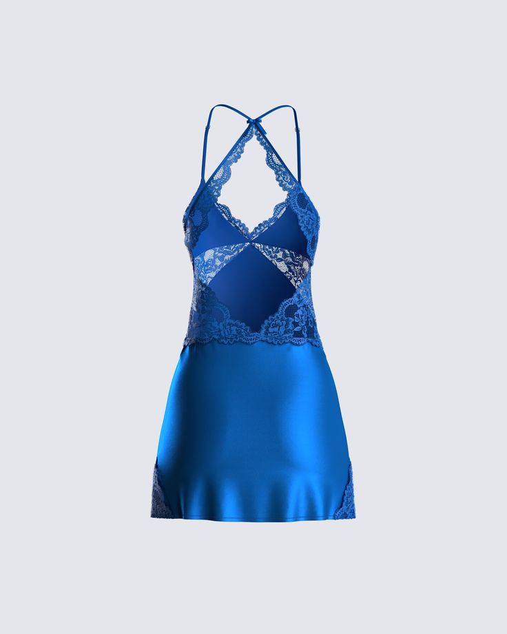 Dripping in seduction, this little blue dress will give them a sneak peek into your passionate side 💙 Constructed from satin, it is complete with a crisscross back, and lace detailing making it the perfect look for all your night out activities 😏 Fitted Satin Slip Dress With Lace Back, Satin Mini Dress With Lace-up Back For Night Out, Satin Mini Dress With Lace Trim For Night Out, Satin Mini Dress With Lace Trim And Spaghetti Straps, Backless Satin Slip Dress For Night, Backless Night Dress With Lace Trim, Satin Mini Dress With Lace Trim For Date Night, Satin Dress With Lace Back For Wedding Night, Fitted Lace Back Slip Dress For Night