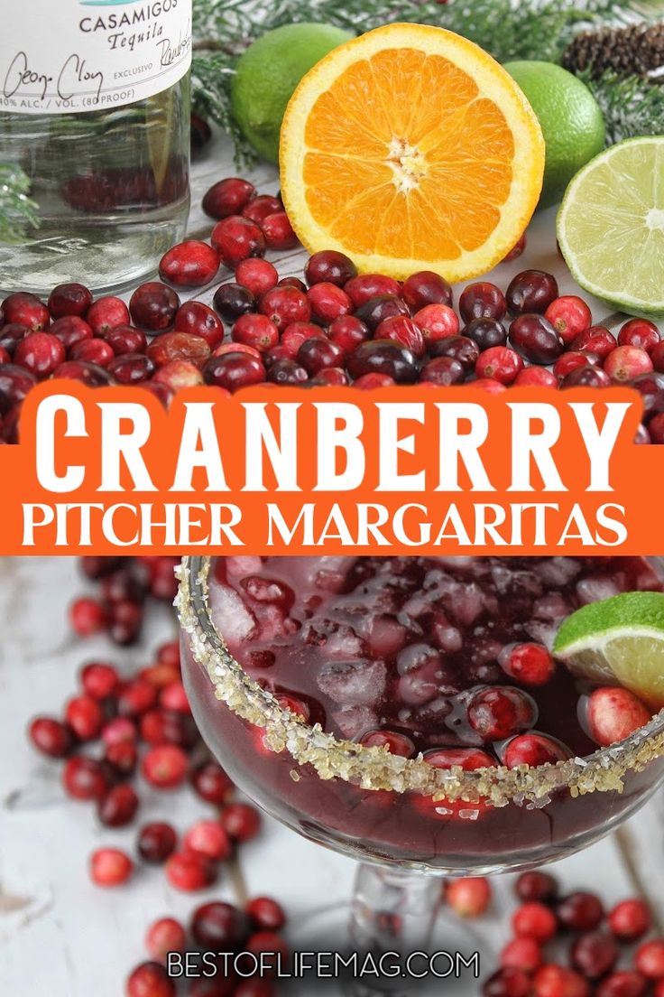 cranberry pitcher margaritas with orange slices and cranberries