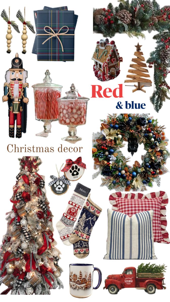 red and blue christmas decor is featured in this collage