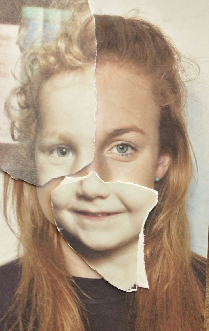 a child's face has been cut in half to make a paper collage