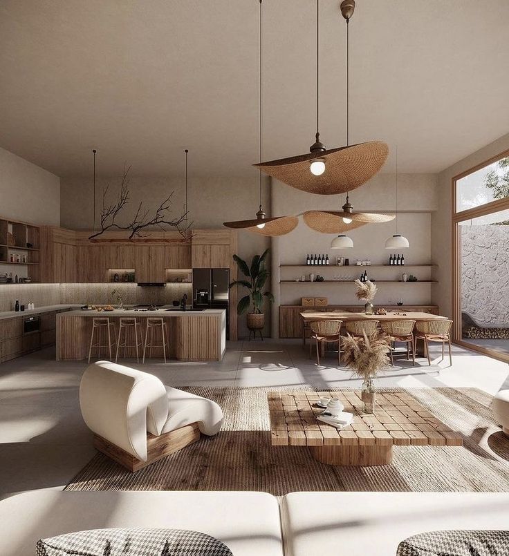 a living room filled with furniture and lots of lights hanging from the ceiling next to an open kitchen