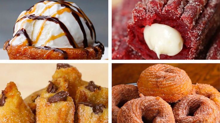 four different types of desserts and pastries