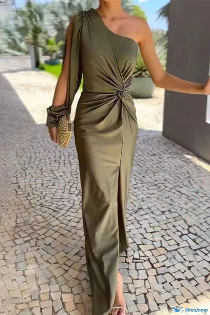 OrcaJump - Chic Shoulder-Knotted Long Sleeve Vacation Dress Maxi Robes, Split Dress, Slim Fit Dresses, Evening Dresses Elegant, Maxi Dress Party, Cutout Dress, Summer Maxi Dress, Women's Summer Fashion, Asymmetrical Dress