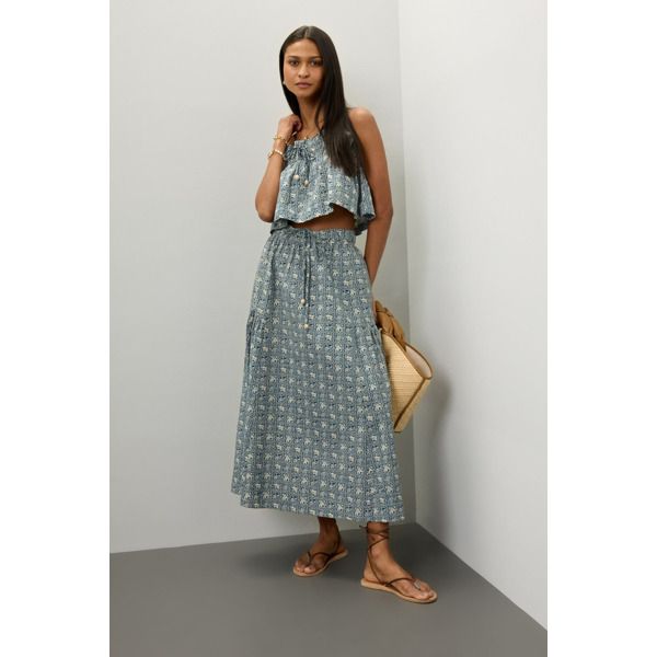 Blue (100% Cotton). Skirts. Pull on closure. 34" from waist to hemline. Imported. Cotton Skirts, Timeless Wardrobe Staples, Rent The Runway, Closet Designs, Flowy Tops, Blue Print, Waist Tie, Effortless Style, Casual Chic