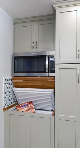 a microwave oven sitting on top of a counter next to white cabinets and cupboards