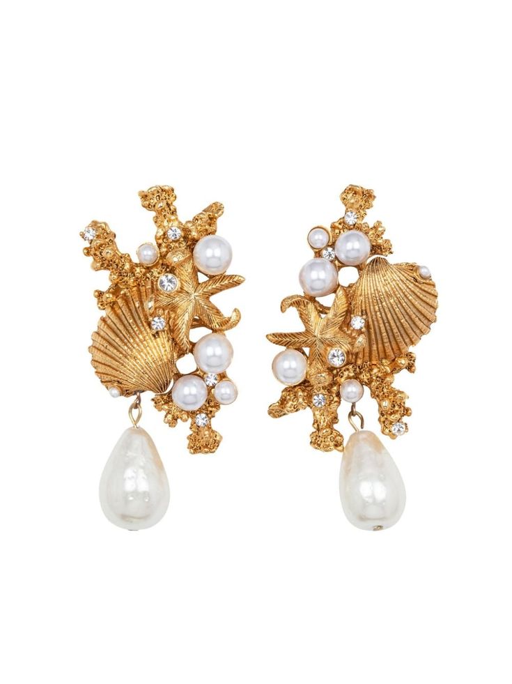 gold-tone/off-white brushed finish crystal embellishment pearl detailing drop design butterfly fastening for pierced ears These earrings come as a pair. We've partnered with Good On You — an independent agency that rates how brands perform in relation to their impact on the planet, people and animals, with a multi-criteria rating simplified to a five points scale. In order to be awarded our conscious label, larger brands need to score a minimum of four out of five ('Good'), while smaller brands must score at least three out of five ('It's A Start'). This item comes from a brand rated three out of five ('It's A Start') by Good on You at the time it was added on FARFETCH. Please note, this is a brand-level rating and does not guarantee that this product is made with conscious materials. Lear Design Butterfly, Jennifer Behr, The Reef, Planet People, Drop Design, Blue Bridesmaids, Demi Fine Jewelry, Fabulous Jewelry, Crystal Embellishment