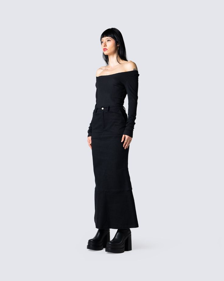 A sleek, clean look is always a serve ✨ Make yourself known in the most effortless way with this black off shoulder top - only the baddest can stand out without even trying 🖤 Black Off Shoulder Top, The Baddest, Orange Satin, Black Maxi Skirt, Black Off Shoulder, Off Shoulder Fashion, Extra Long Sleeves, Dress Gloves, Fit Ideas