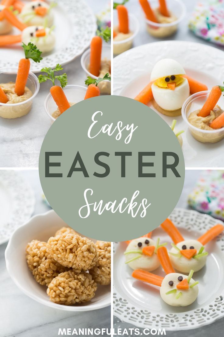 Carrots in cups of hummus, crispy rice treats in the shape of eggs, and healthy snacks in the shape of a chick and easter bunnies Snacks For Easter, Easy Easter Snacks, Easter Kids Snacks, Healthy Easter Snacks, Make Healthy Snacks, Cute Treats, Healthy Easter, Easter Snacks, Gf Recipes