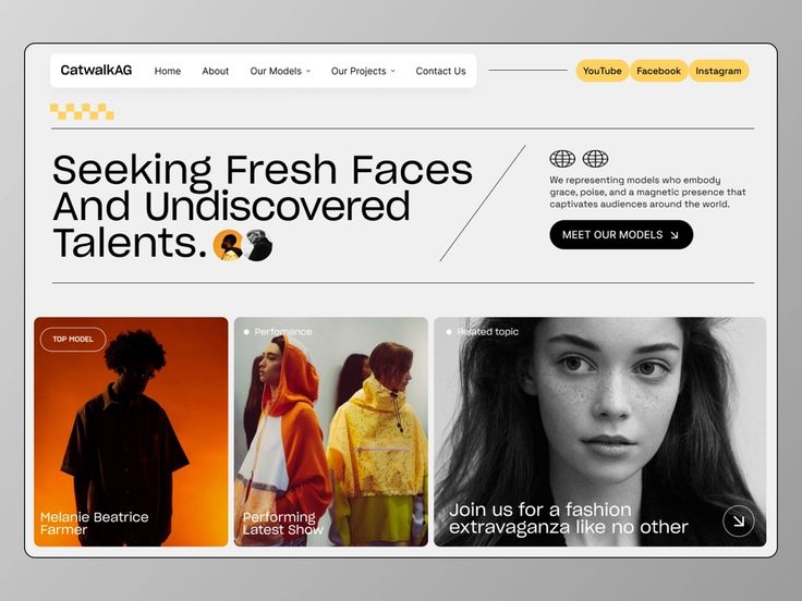 an image of a website page for clothing stores and online storefronts, with the words seeking fresh faces and undiscovered talent