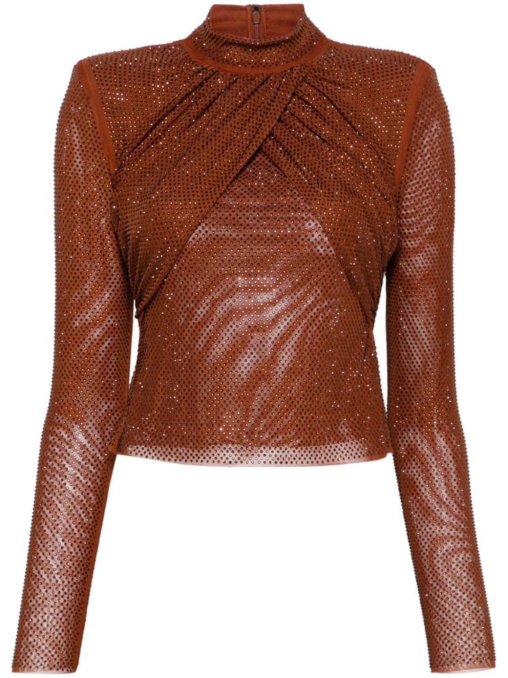 caramel brown mesh design rhinestone embellishment concealed rear zip fastening high neck draped detailing shoulder pads long sleeves straight hem full lining Self Portrait Clothing, Wardrobe Edit, Exclusive Fashion, Lady Dior, Jacket Tops, Party Outfit, Denim Dress, All Fashion, Jacket Dress