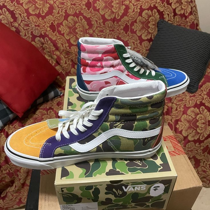 Nib Vans X Bape Sk8-Hi 38 Dx Multicolor - Men Sz 11 Us Vans High-top Multicolor Sneakers, Vans Multicolor Sneakers With Rubber Sole, Vans Multicolor Sneakers With Round Toe, Bape Vans, Staple Sneakers, Vans Chukka Low, Vans Sk8 Low, Vans Surf, Rare Vans