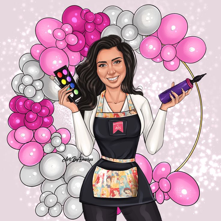 a woman in an apron holding up a cell phone and some pink balloons behind her