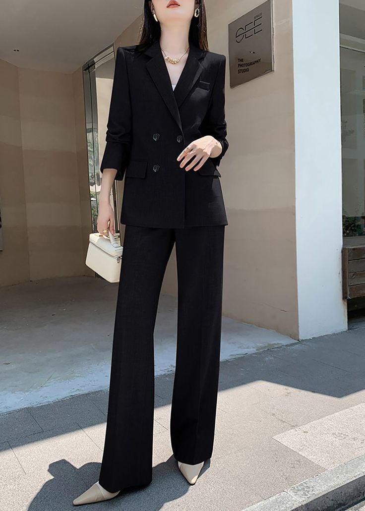 Elevate your wardrobe with our Estelle Double Breasted Blazer Wide Pants Suit. This two-piece set features a sophisticated and exclusive design with a double-breasted blazer and wide-leg pants. Perfect for any occasion, this black suit exudes elegance and taste. Blazer: Double Breasted closure Notched lapels Long sleeves Front flap pockets Pants Zip fly with button closure Side slant pockets Regular length - Polyester, spandex- Item #431910- Women's blazer & pants suit two-piece set SIZE INFO XS Suit Fits Women, Suit Women Aesthetic Black, Cute Black Suits For Women, Women's Suits Formal, Classic Women Suit, Suit And Pants For Women, Women In Pant Suits, Feminine Suits Wedding, Women's Pant Suit