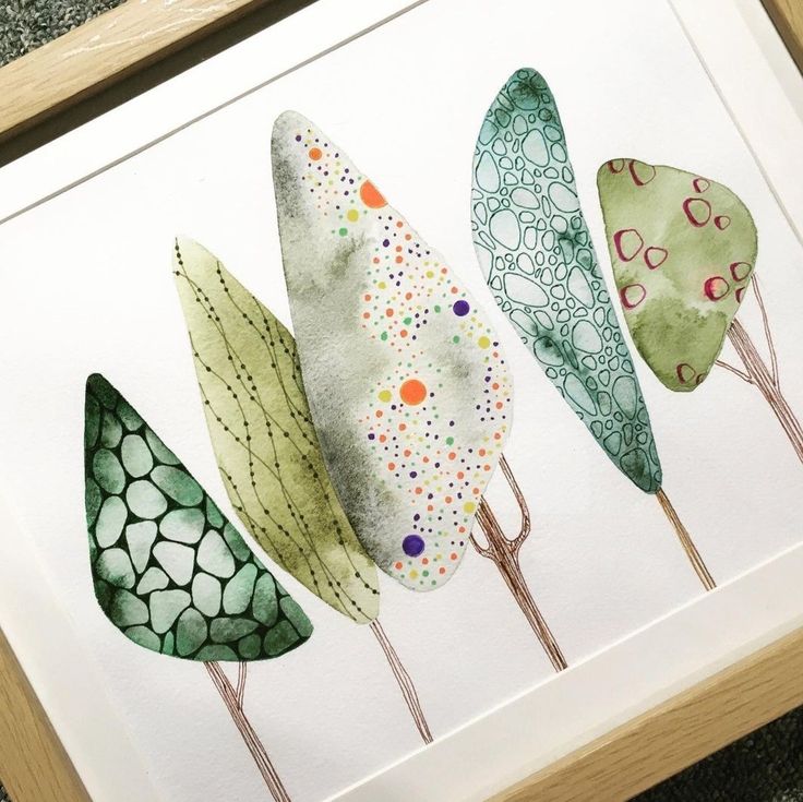 a painting of four different types of leaves on white paper in a wooden framed frame