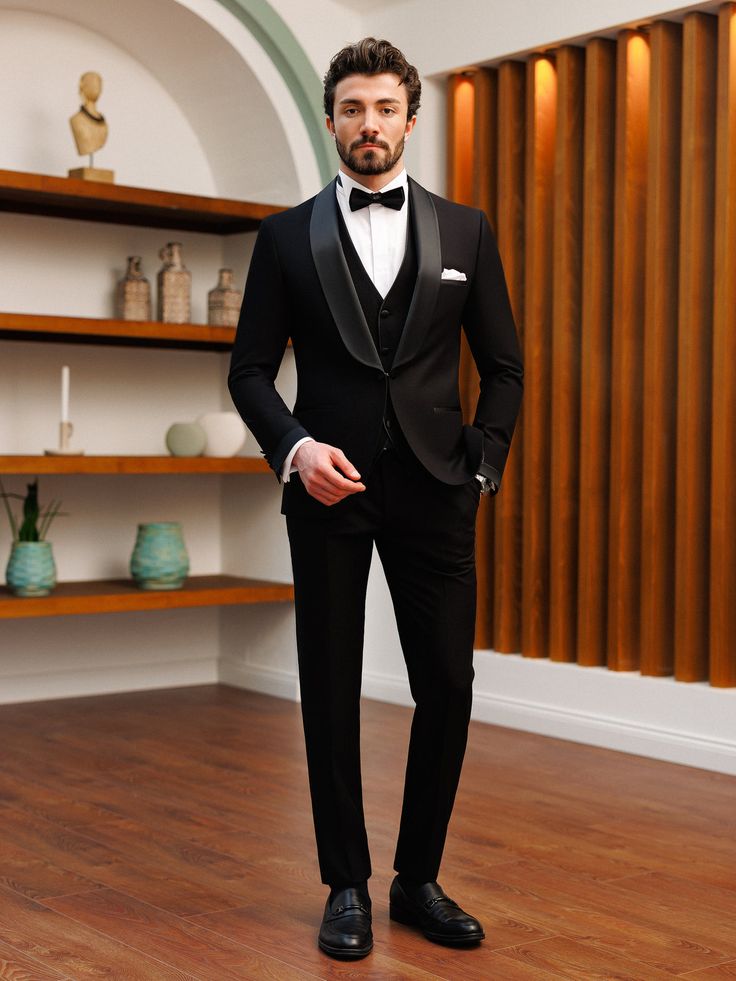 Black Slim-Fit Tuxedo 3-Piece Black Formal Suits Men, Tuxedo Three Piece For Men, Suite For Wedding Men, 3 Piece Suit For Groom, Black Tux For Wedding, Outfit For Engagement Men, Black Tuxedo Suit For Men, Tuxedo For Men Reception, Black Suit For Reception Men