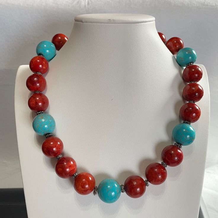 Nwt Midwest Amber Coral, Sterling, And Faux Turquoise 20” Necklace Stunning Statement Necklace From Midwest Amber Large 17mm Coral Beads And Faux Turquoise Beads With Sterling T Clasp And Findings (Spacer Beads) Turquoise Necklace With Large Beads For Jewelry Making, Adjustable Turquoise Necklace, Turquoise Coral Jewelry, Jean Art, Fish Pendant Necklace, Long Necklace Boho, Bff Necklaces, Handmade Beaded Necklaces, Chunky Jewelry