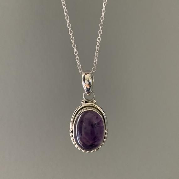 Sterling silver oval  amethyst necklace, Boho amethyst necklace Oval Gemstone Necklace In Sterling Silver, Dainty Sterling Silver Oval Necklace, Oval Amethyst Jewelry Gift, Sterling Silver Oval Necklace, Dainty Oval Purple Jewelry, Purple Necklace Aesthetic, Silver Oval Crystal Gemstone Necklaces, Dainty Purple Oval Jewelry, Oval Sterling Silver Necklace With Cabochon