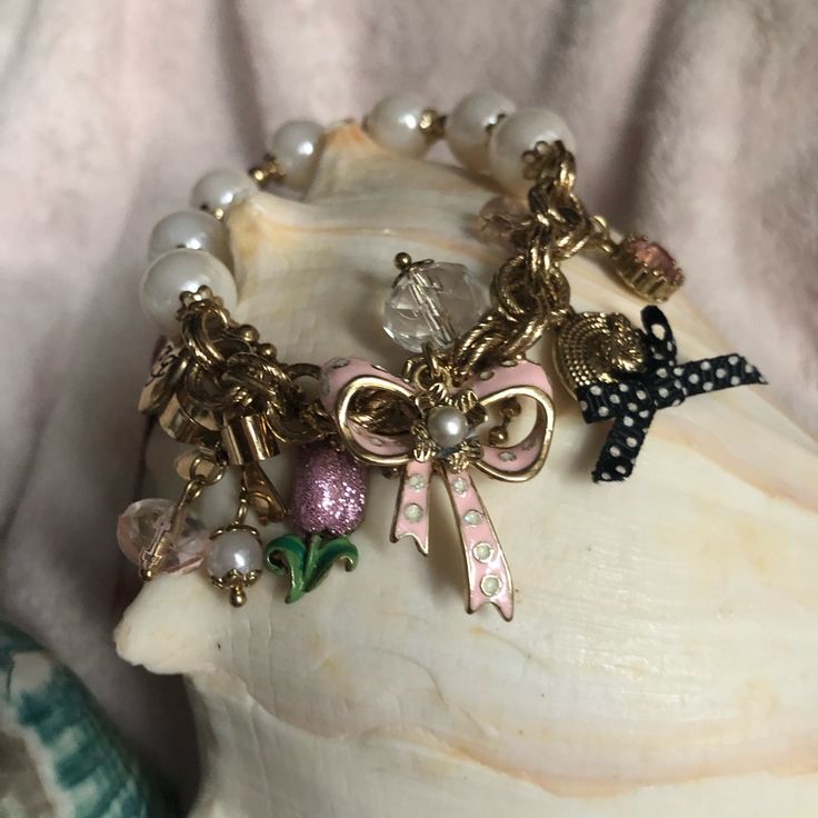 This Betsey Johnson Roses & Bows Charm Bracelet Is So Cute Bcuz It’s Different With A Half Pearl Band. The Beautiful Pearl Band Is Definitely An Added Enhancement Beautifying An Already Beautiful Bracelet! Fair & Reasonable Offers Welcome! Adjustable Pink Jewelry For Holiday, Adjustable Pink Holiday Jewelry, White Feminine Bracelets For Party, Feminine White Bracelets For Party, White Feminine Party Bracelets, Elegant White Bracelets For Holiday, White Bracelets For Spring Party, Embroidery Jewelry, Betsey Johnson Jewelry